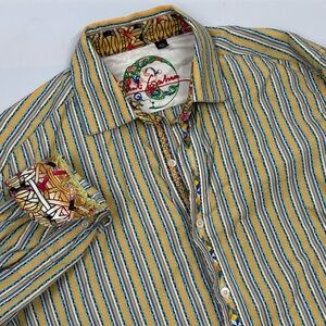 Robert Graham Men's M Yellow Striped Flip Cuff Button‎ Front Long Sleeve Shirt